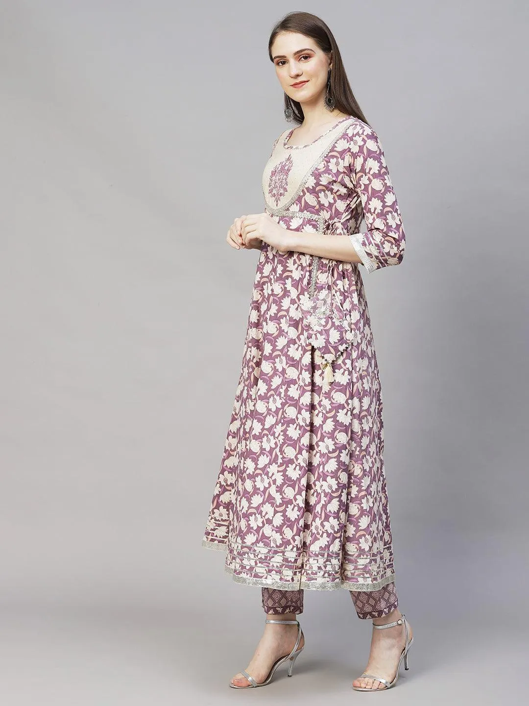 Floral Printed & Embroidered Anarkali Kurta with Pants & Dupatta - Lilac Purple