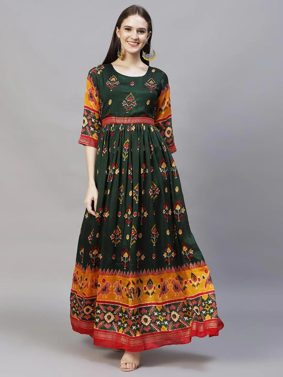 Floral Printed & Embroidered Tiered Flared Maxi Dress - Dark Green