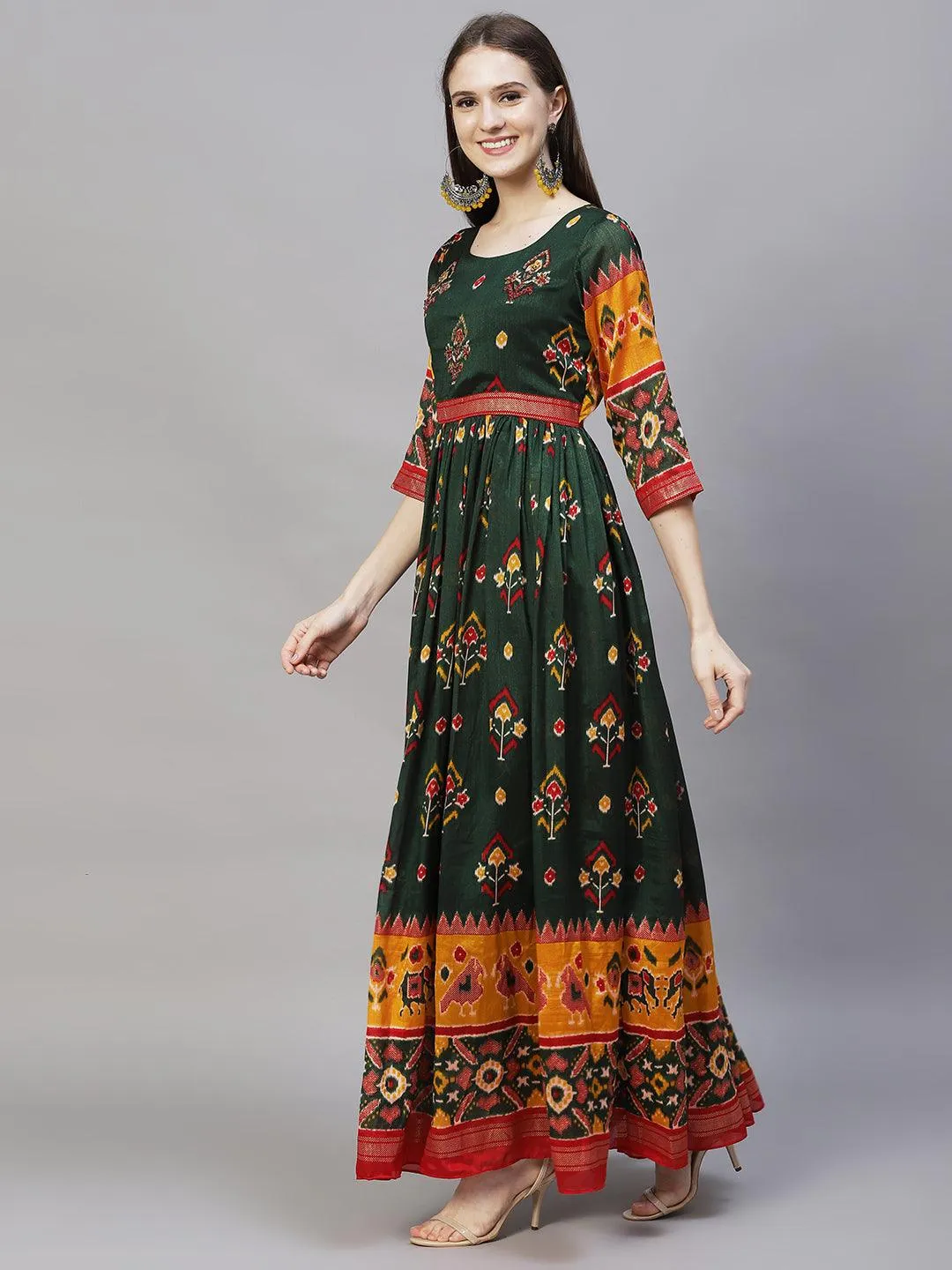 Floral Printed & Embroidered Tiered Flared Maxi Dress - Dark Green