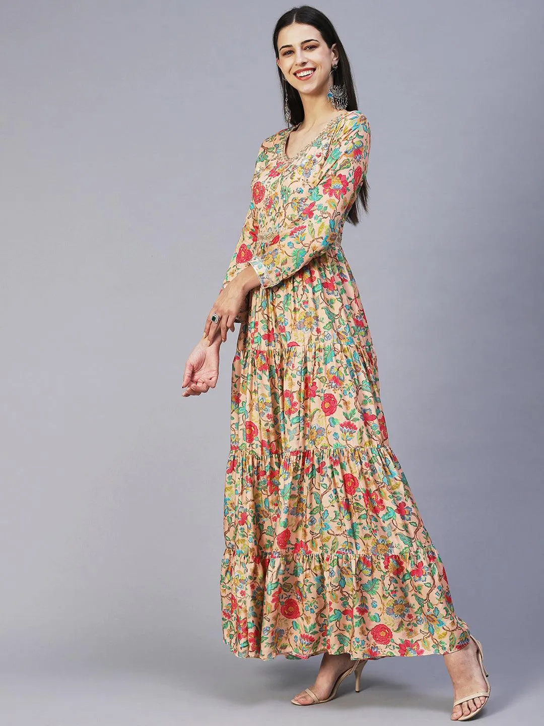 Floral Printed & Hand Embroidered Tiered Fit & Flare Maxi Dress - Peach