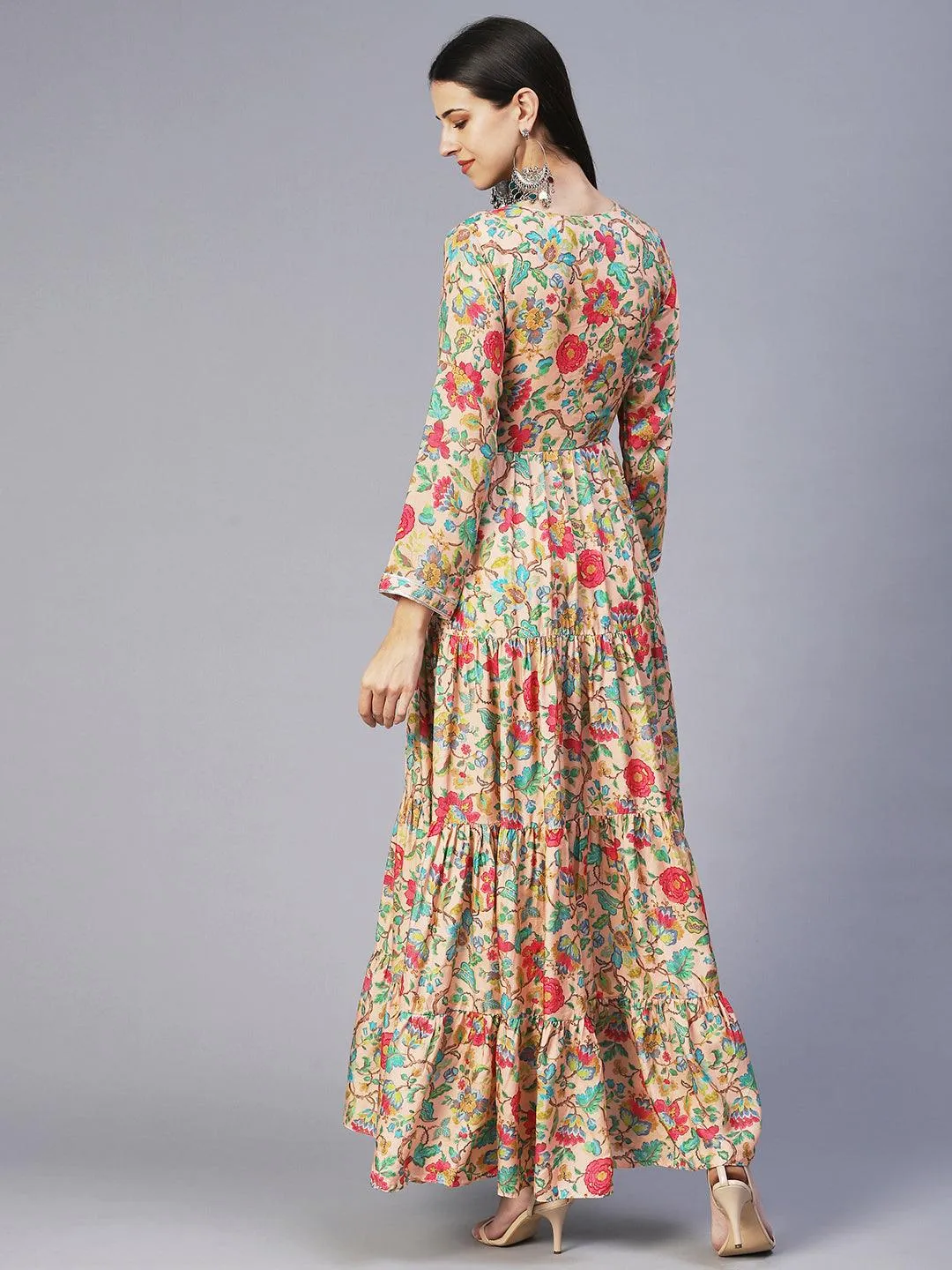 Floral Printed & Hand Embroidered Tiered Fit & Flare Maxi Dress - Peach