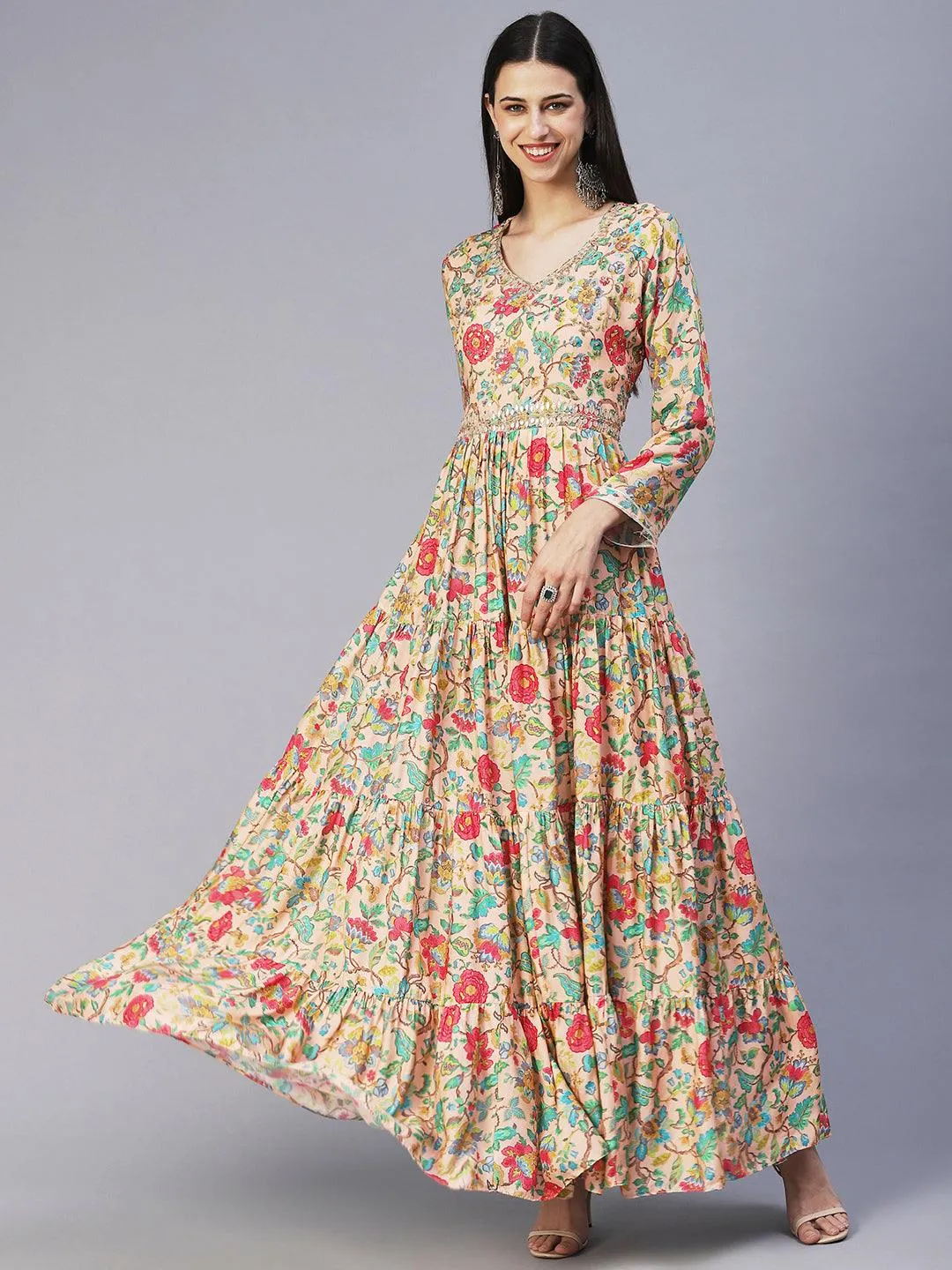 Floral Printed & Hand Embroidered Tiered Fit & Flare Maxi Dress - Peach