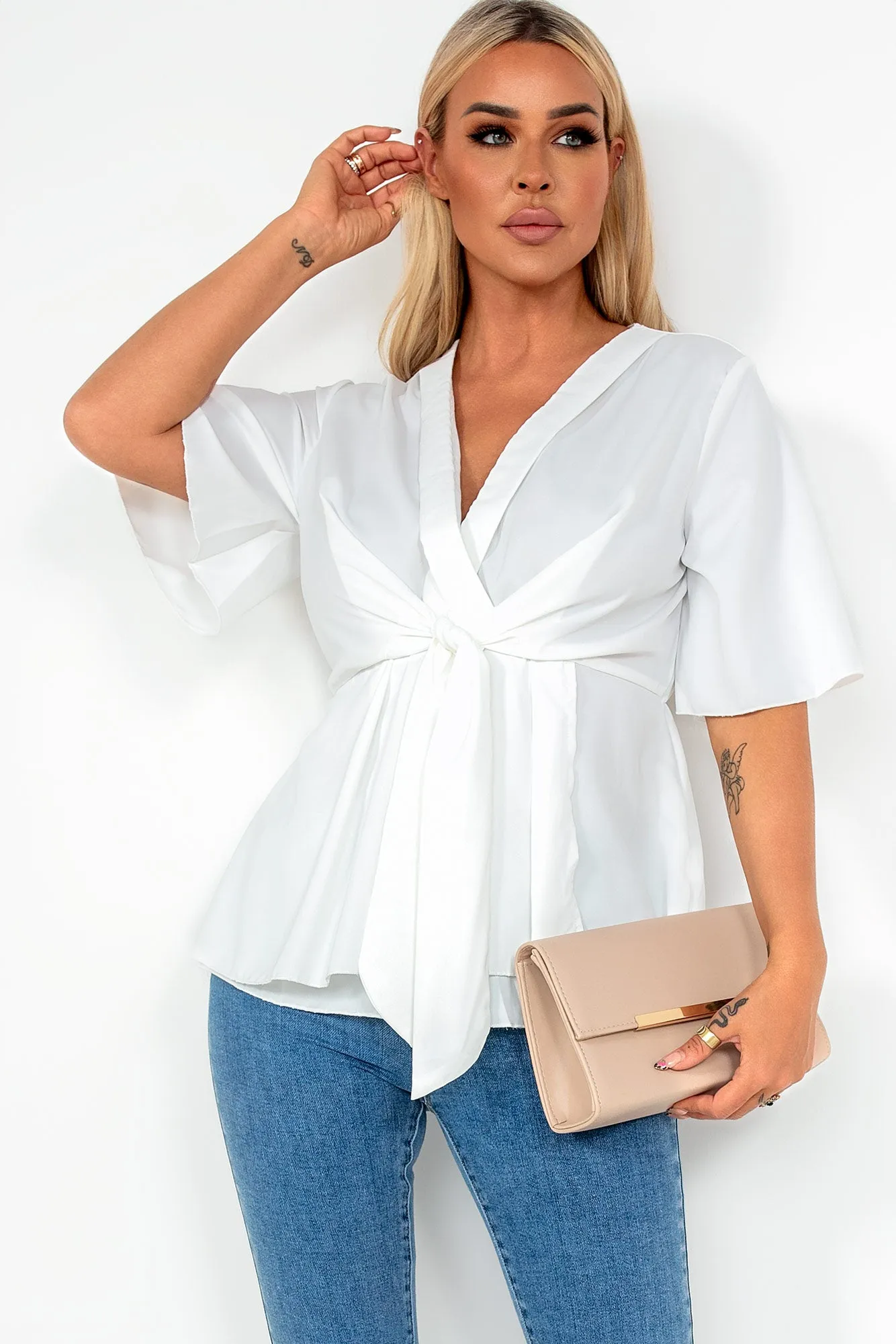 Frida White Tie Front Wrap Top