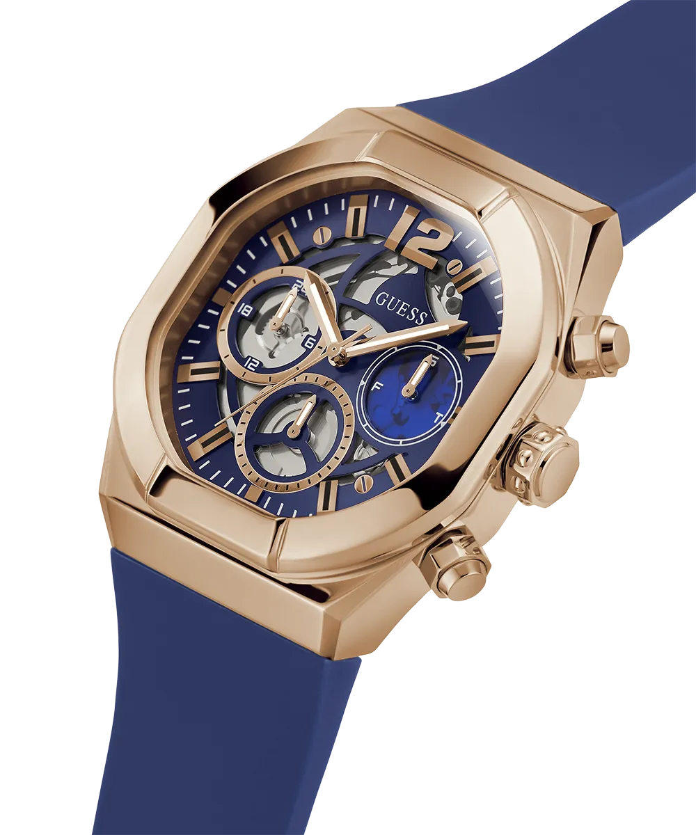 GUESS Mens Blue Rose Gold Tone Multi-function Watch