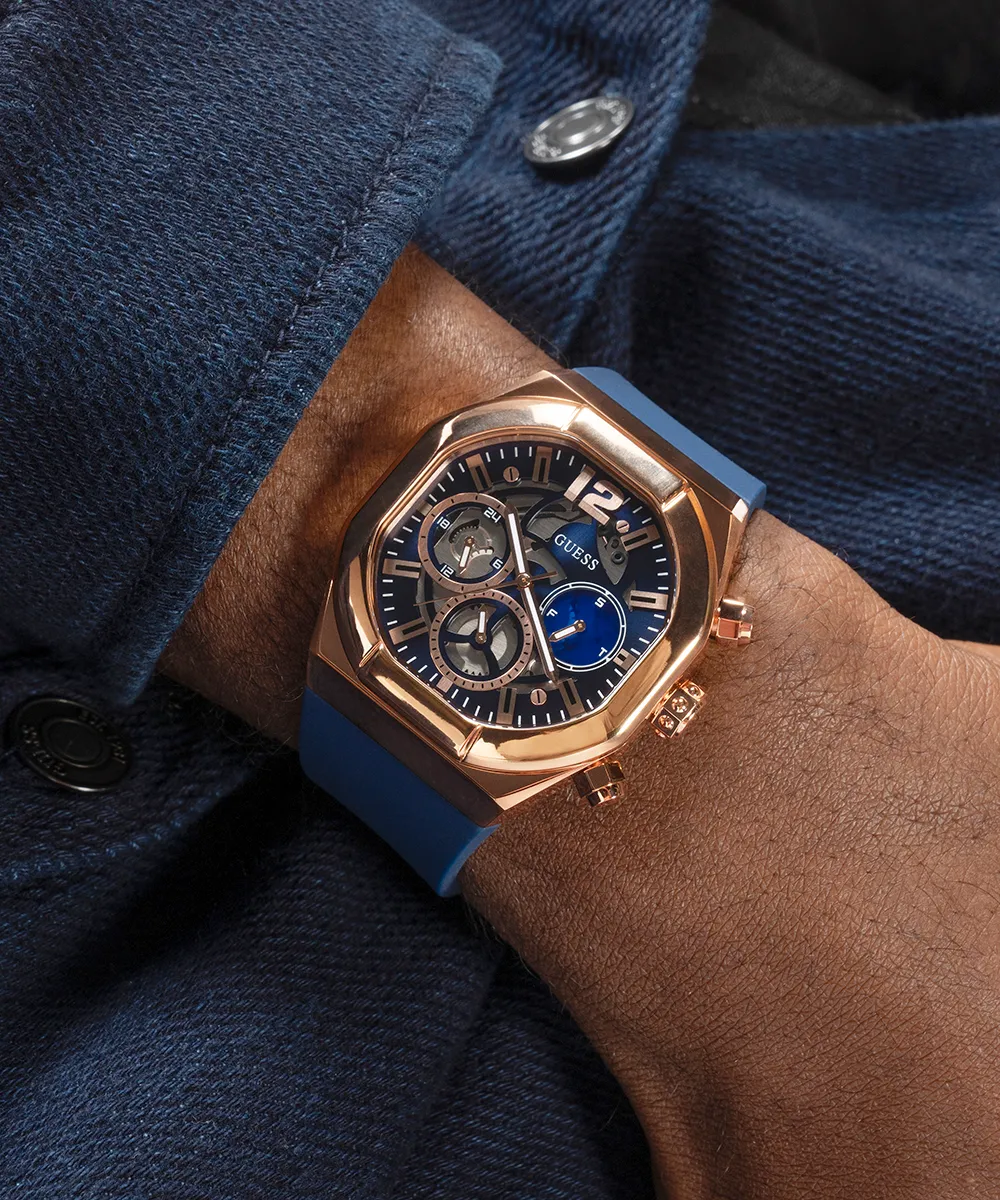 GUESS Mens Blue Rose Gold Tone Multi-function Watch