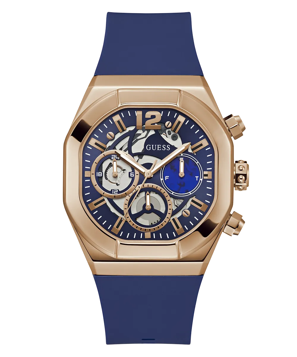 GUESS Mens Blue Rose Gold Tone Multi-function Watch