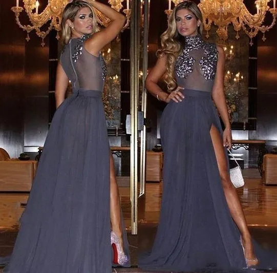 high neck prom dresses 2020 sparkly beaded gray chiffon cheap sexy formal prom gown robe de soiree 2021