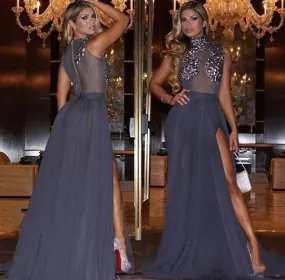 high neck prom dresses 2020 sparkly beaded gray chiffon cheap sexy formal prom gown robe de soiree 2021