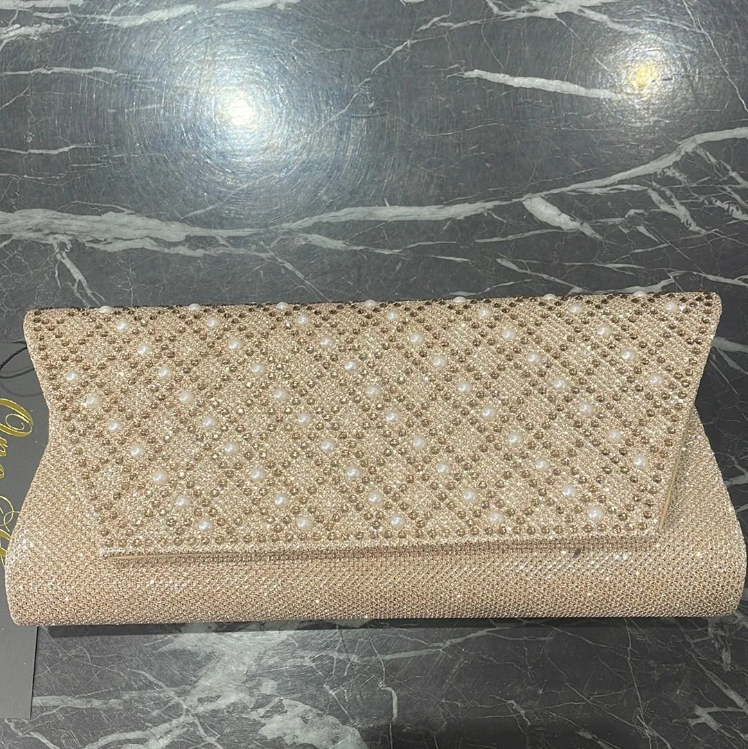 Honey Couture Rose Gold CIARISA Shimmer With a Pearl and Diamanté Front Clutch Bag