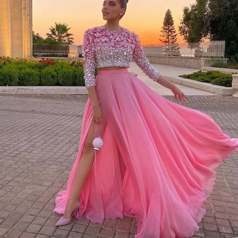 hot pink beaded 2 piece prom dresses long sleeve floral crystal sparkly elegant prom gown