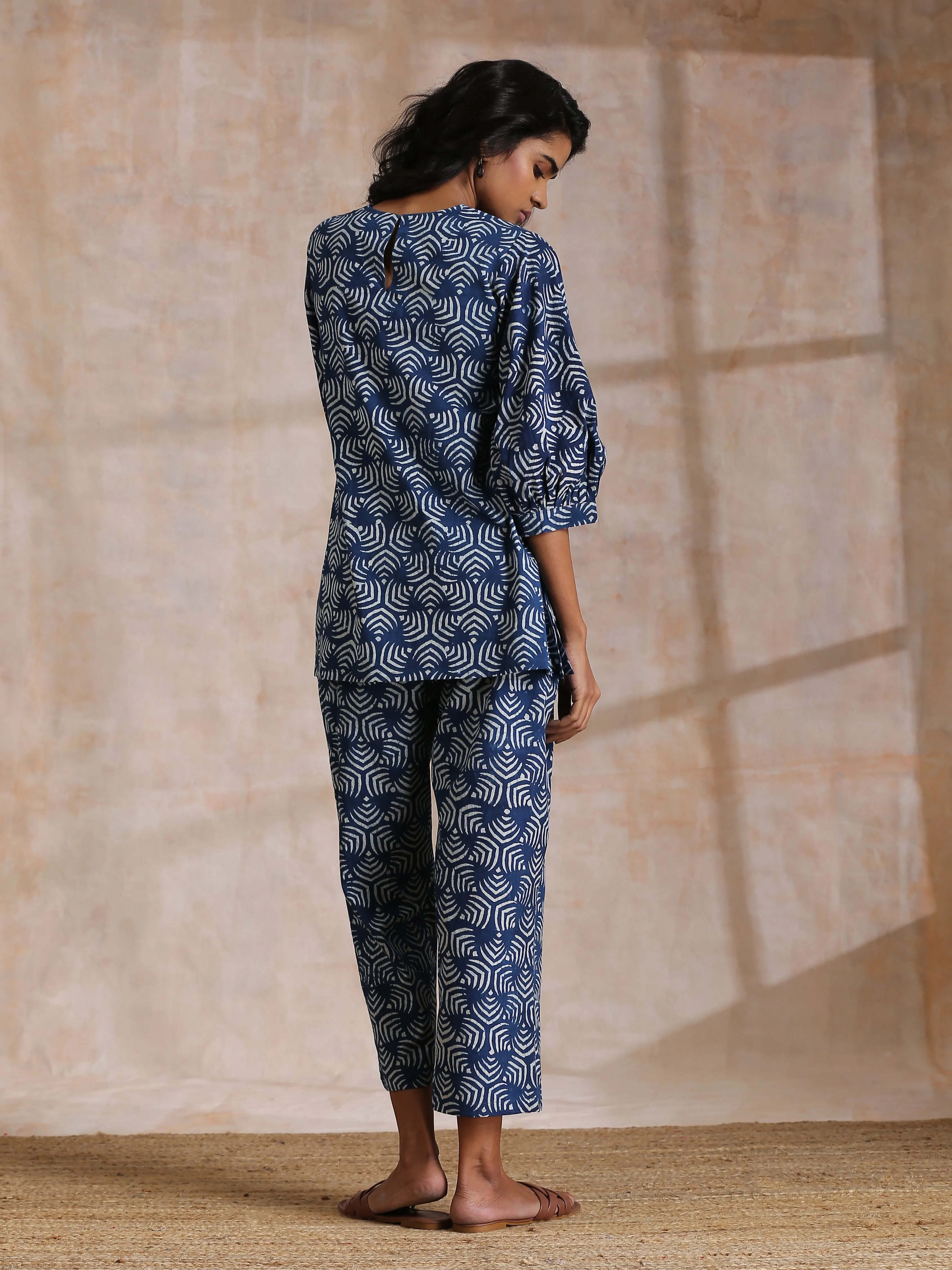 Indigo Dabu Overall Print Cotton Baggy Sleeve Co-Ord Set