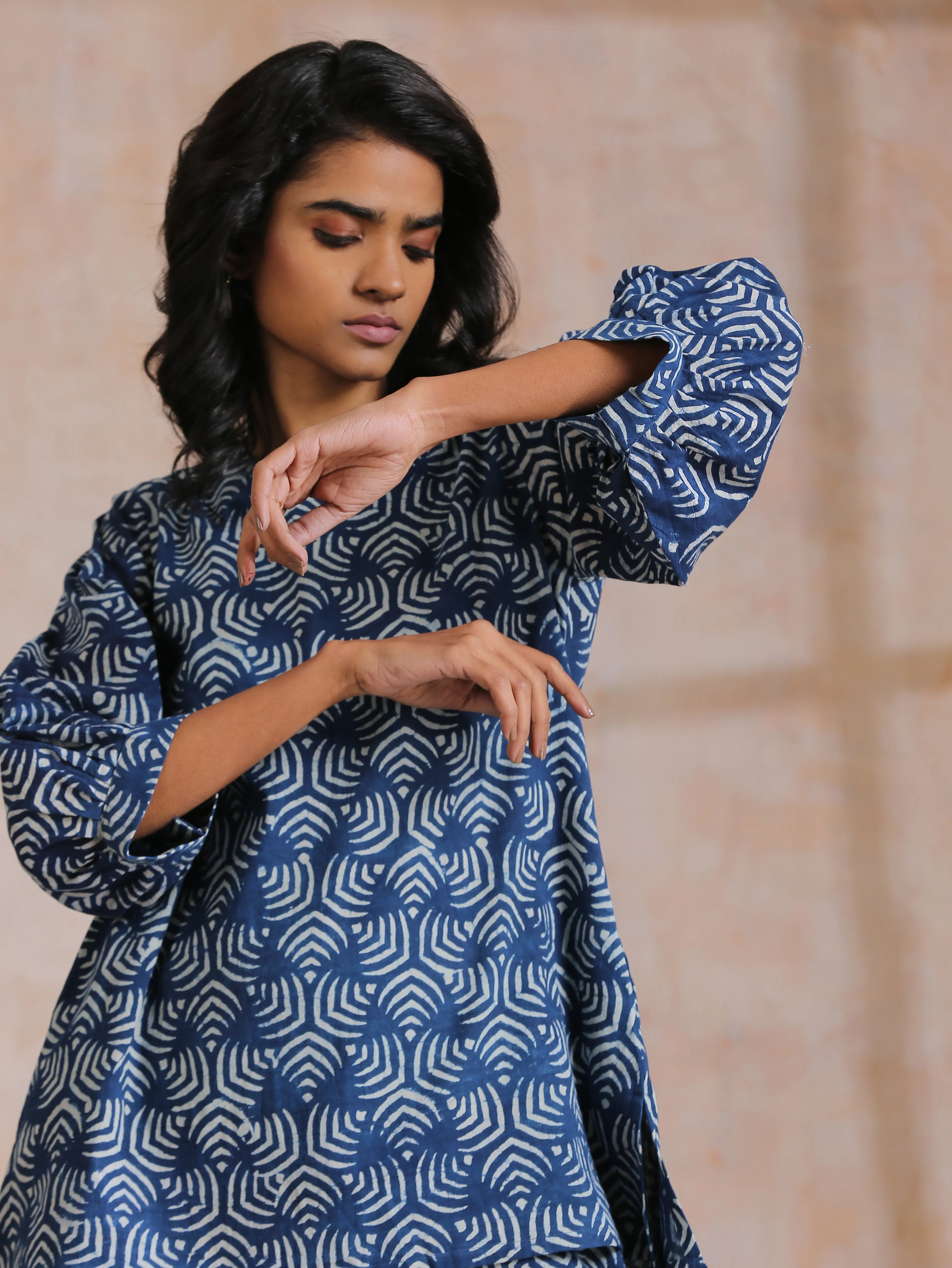 Indigo Dabu Overall Print Cotton Baggy Sleeve Co-Ord Set