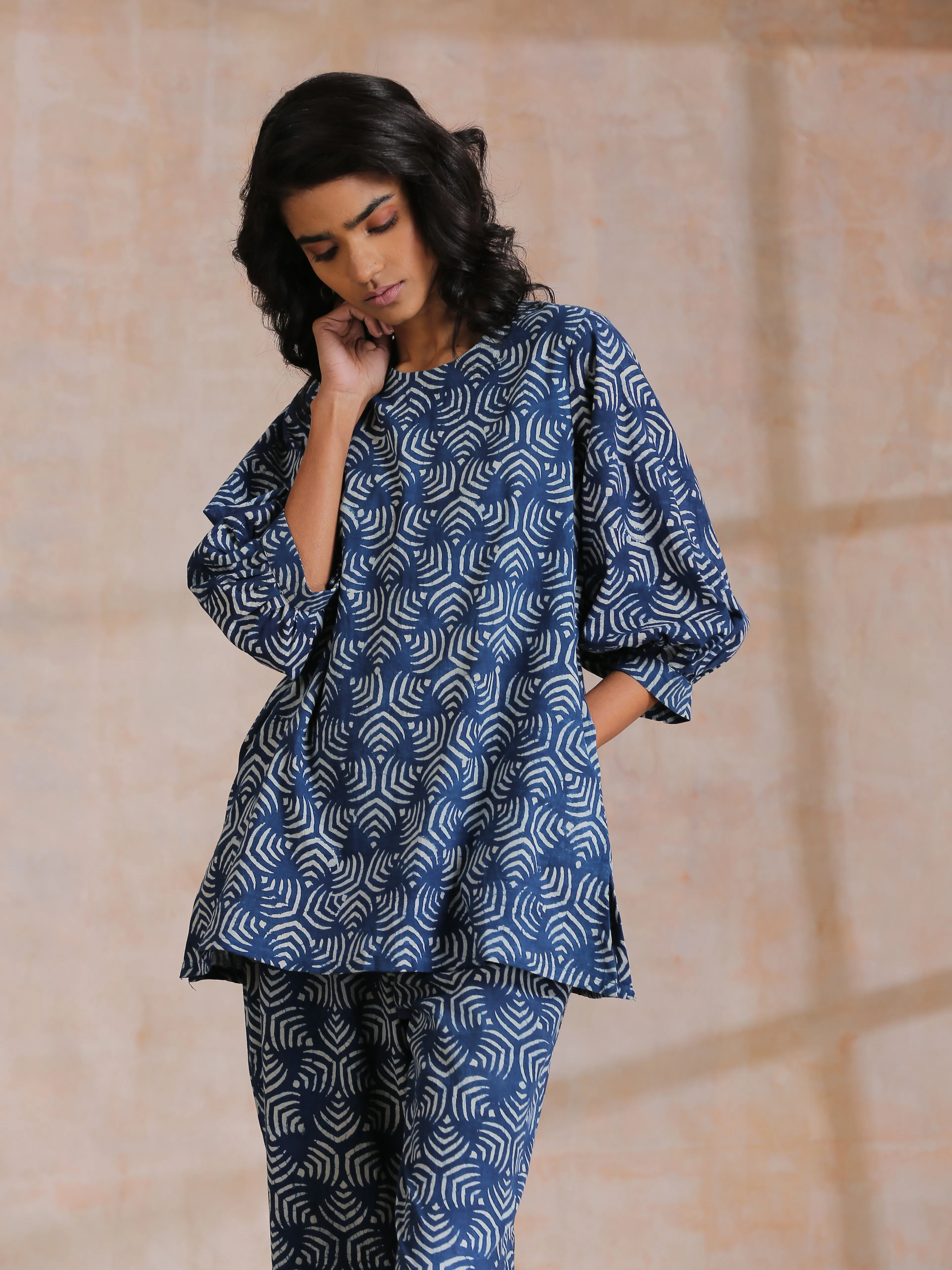 Indigo Dabu Overall Print Cotton Baggy Sleeve Co-Ord Set