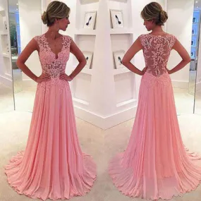 lace appliqué pink prom dresses long chiffon beaded v neck elegant cheap prom gown robe de soiree