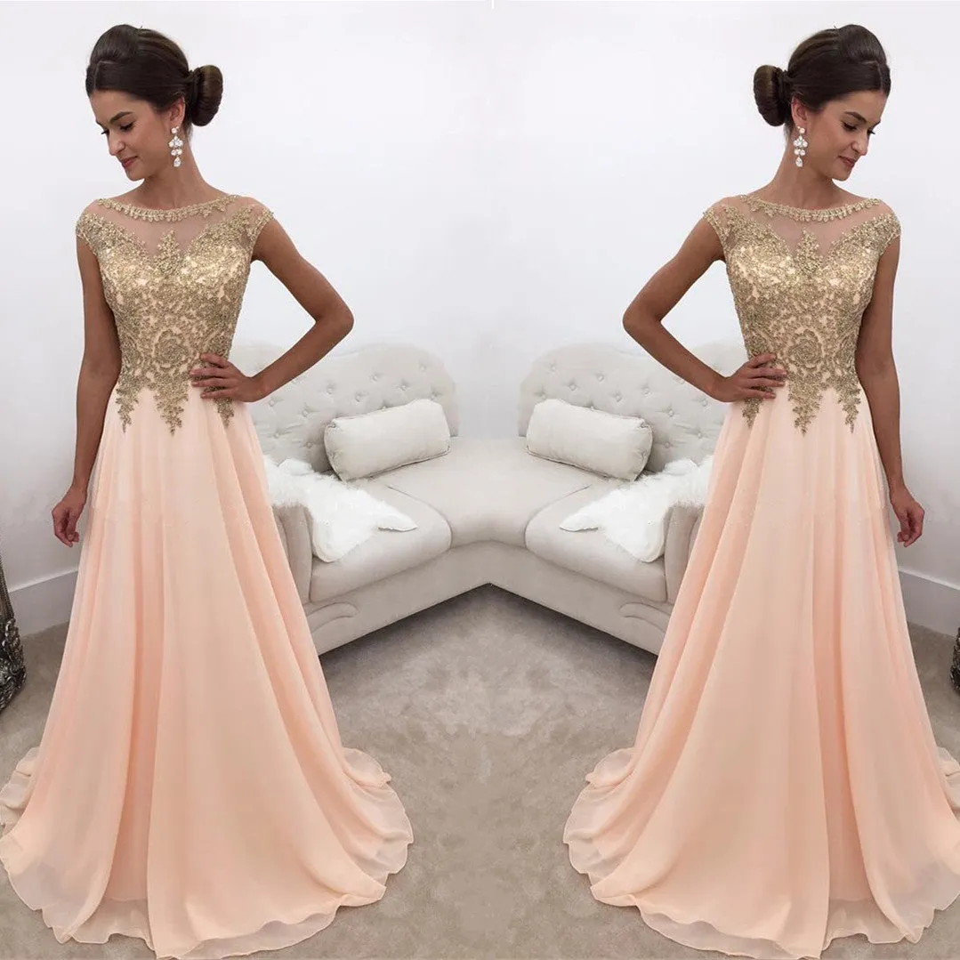 lace applique prom dresses long peach chiffon vintage elegant cap sleeve prom gown 2020