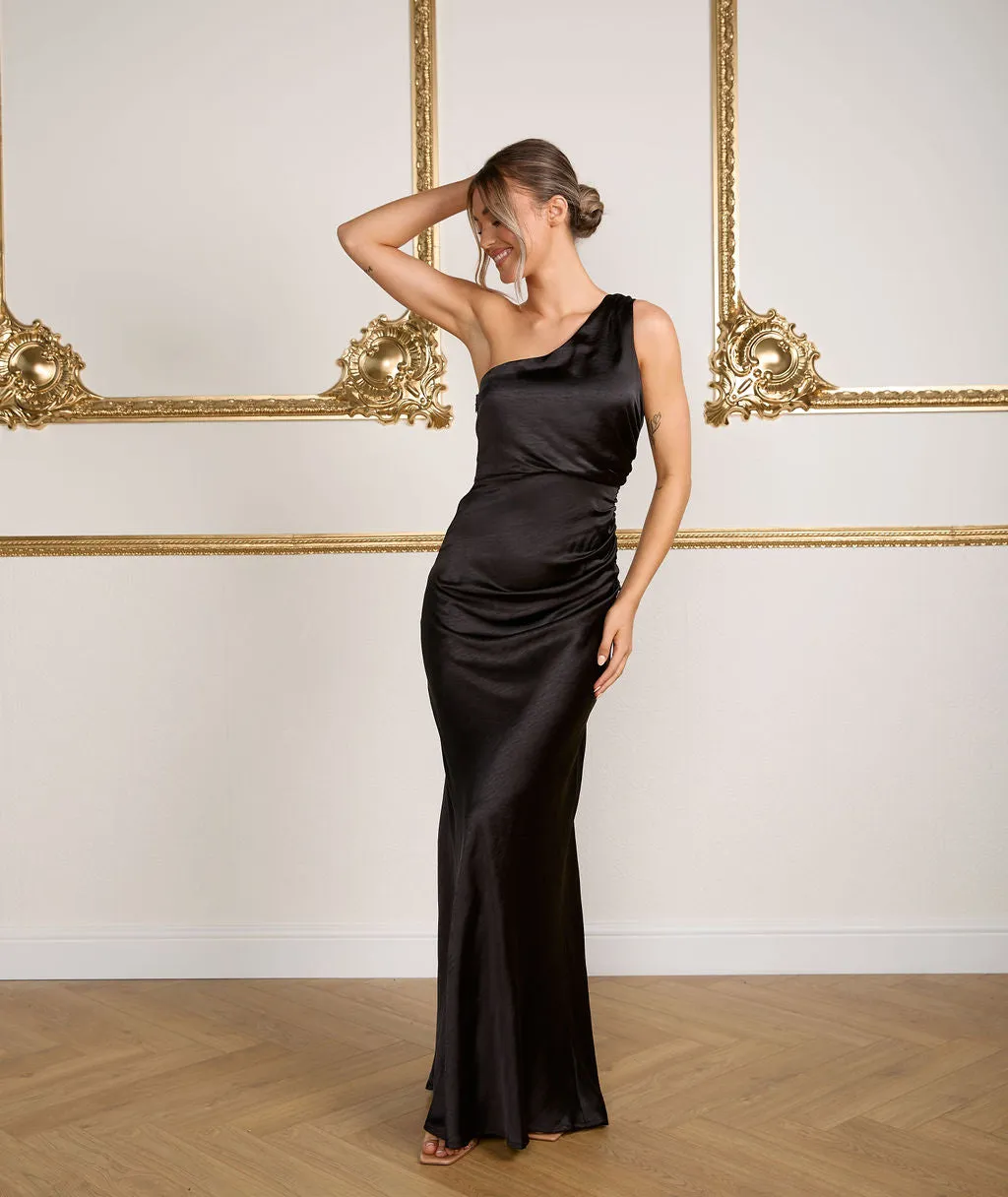 One Shoulder Satin Ruched Bridesmaid Dress - Black