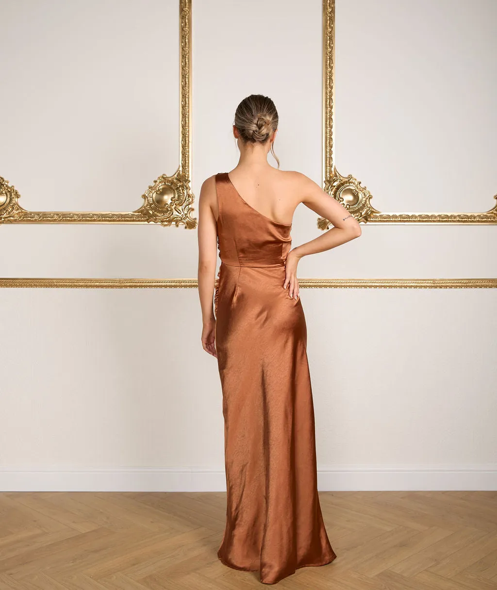 One Shoulder Satin Ruched Bridesmaid Dress - Rust