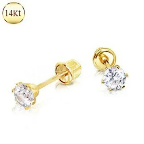 Pair of 14Kt. Yellow Gold Clear Round CZ Earring with Screw Back