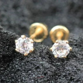 Pair of 14Kt. Yellow Gold Clear Round CZ Earring with Screw Back