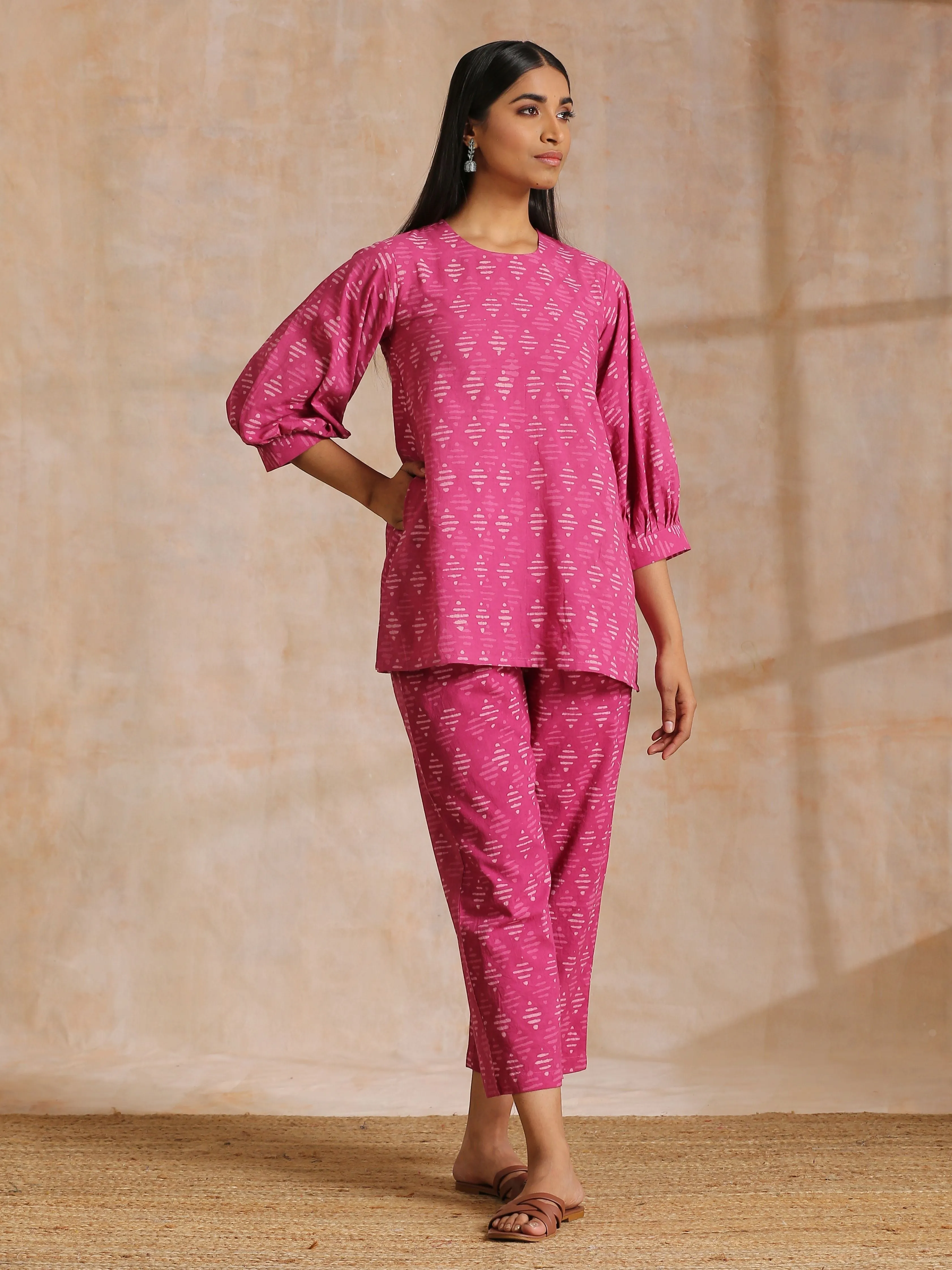 Pink Dabu Print Cotton Baggy Sleeve Co-Ord Set