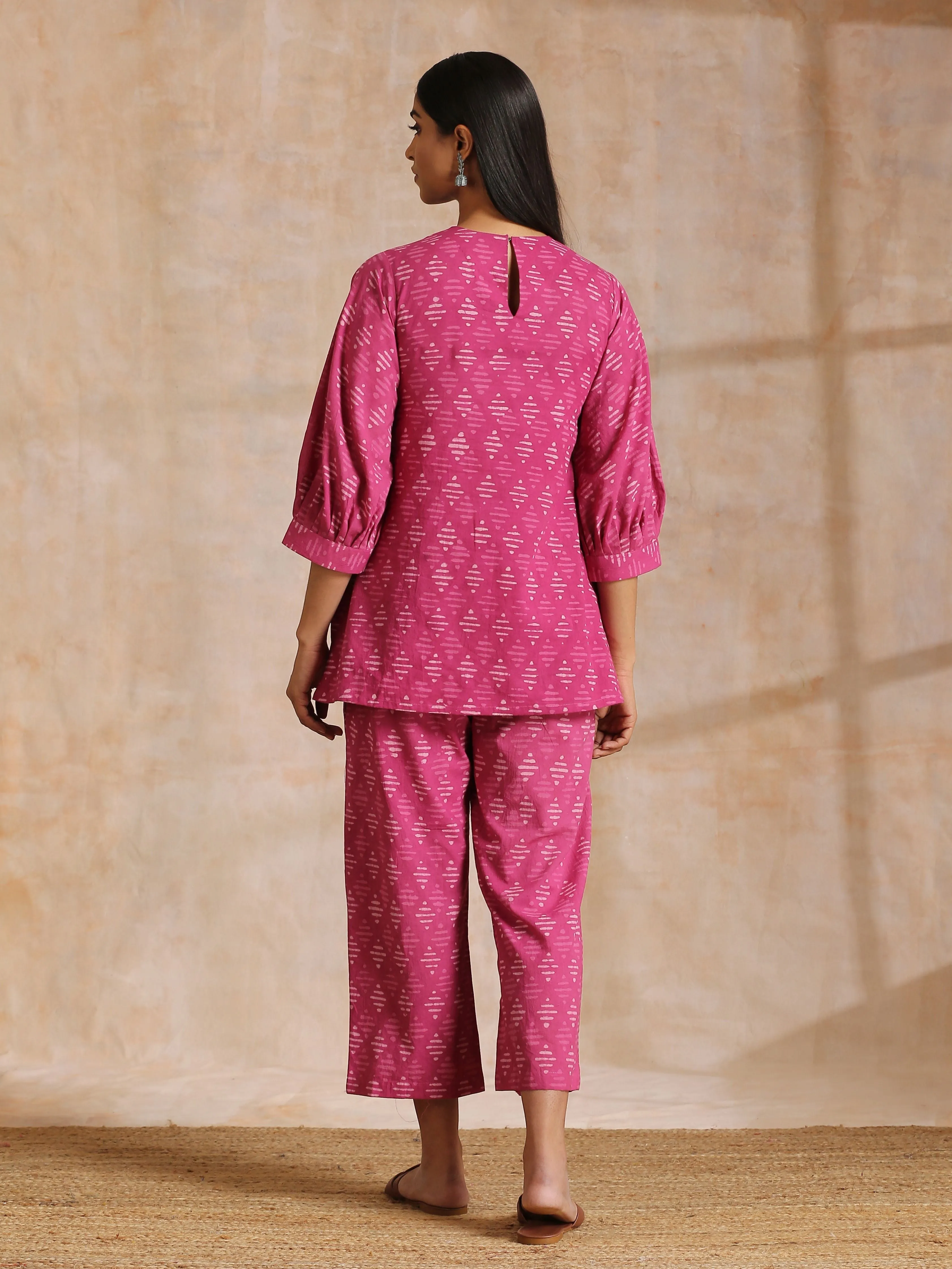 Pink Dabu Print Cotton Baggy Sleeve Co-Ord Set