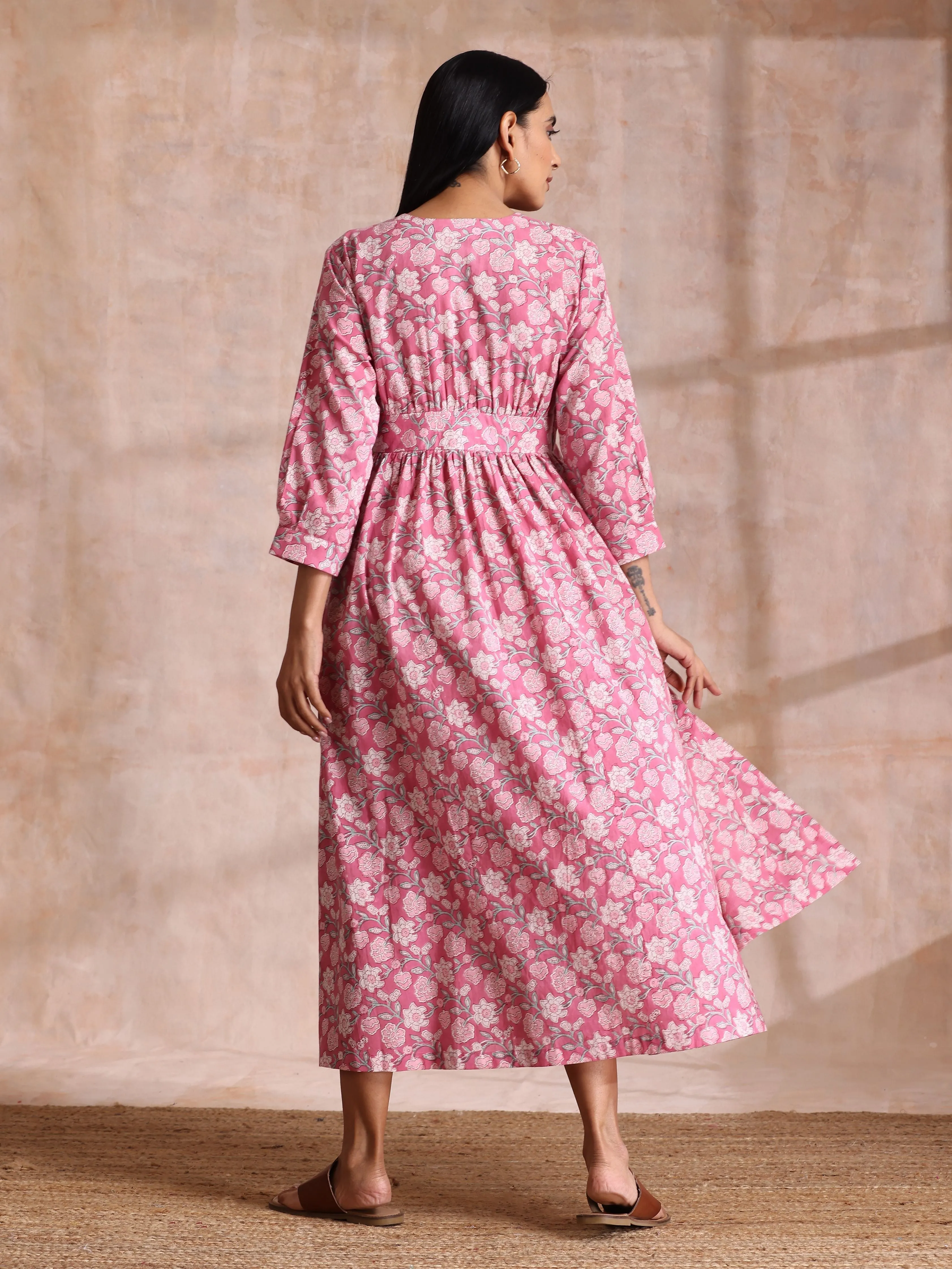 Pink Overall Floral Block Print Cotton Wrap Dress