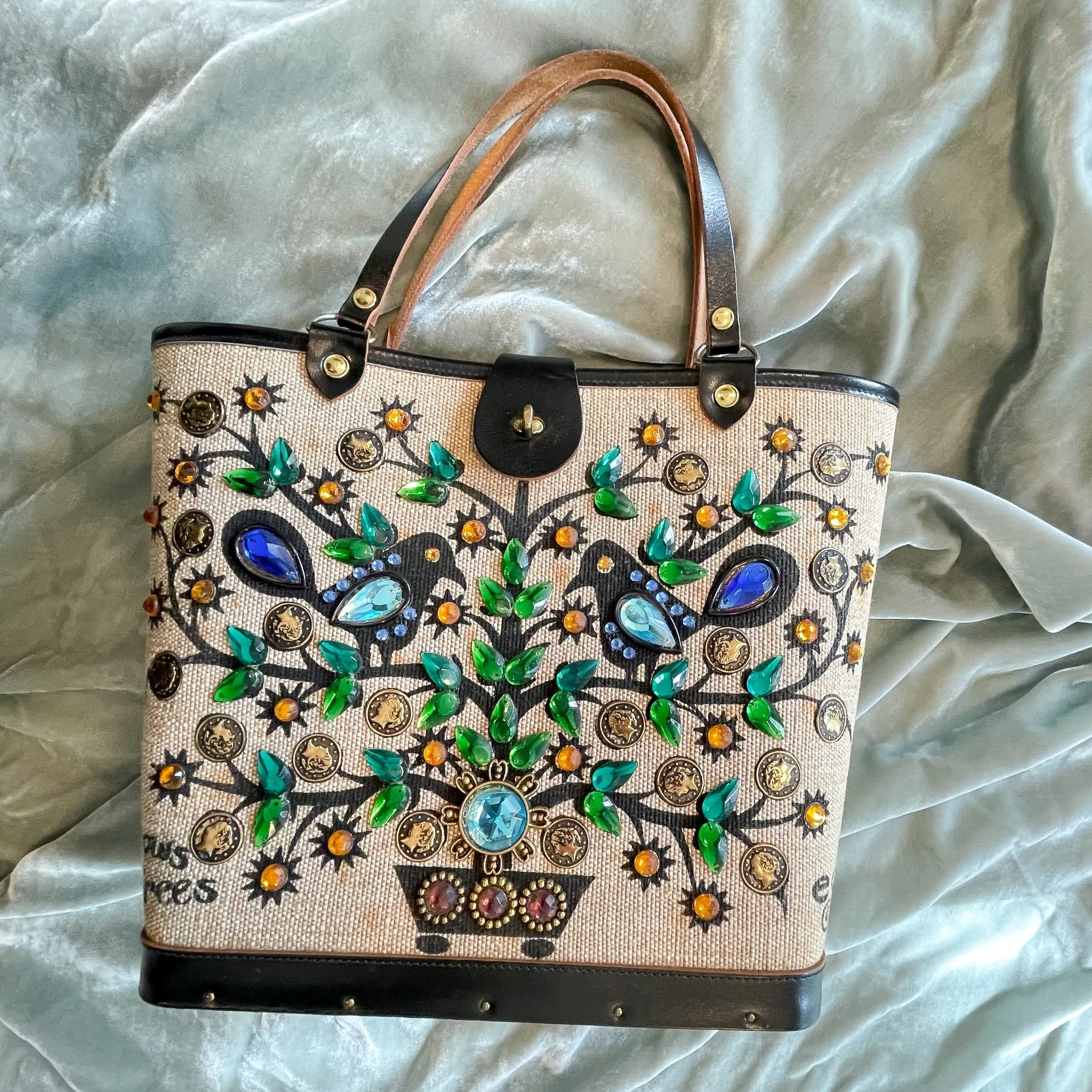 SOLD Vintage MCM Enid Collins Tote Bag, Bejeweled Money Tree Bag, It Grown on Trees