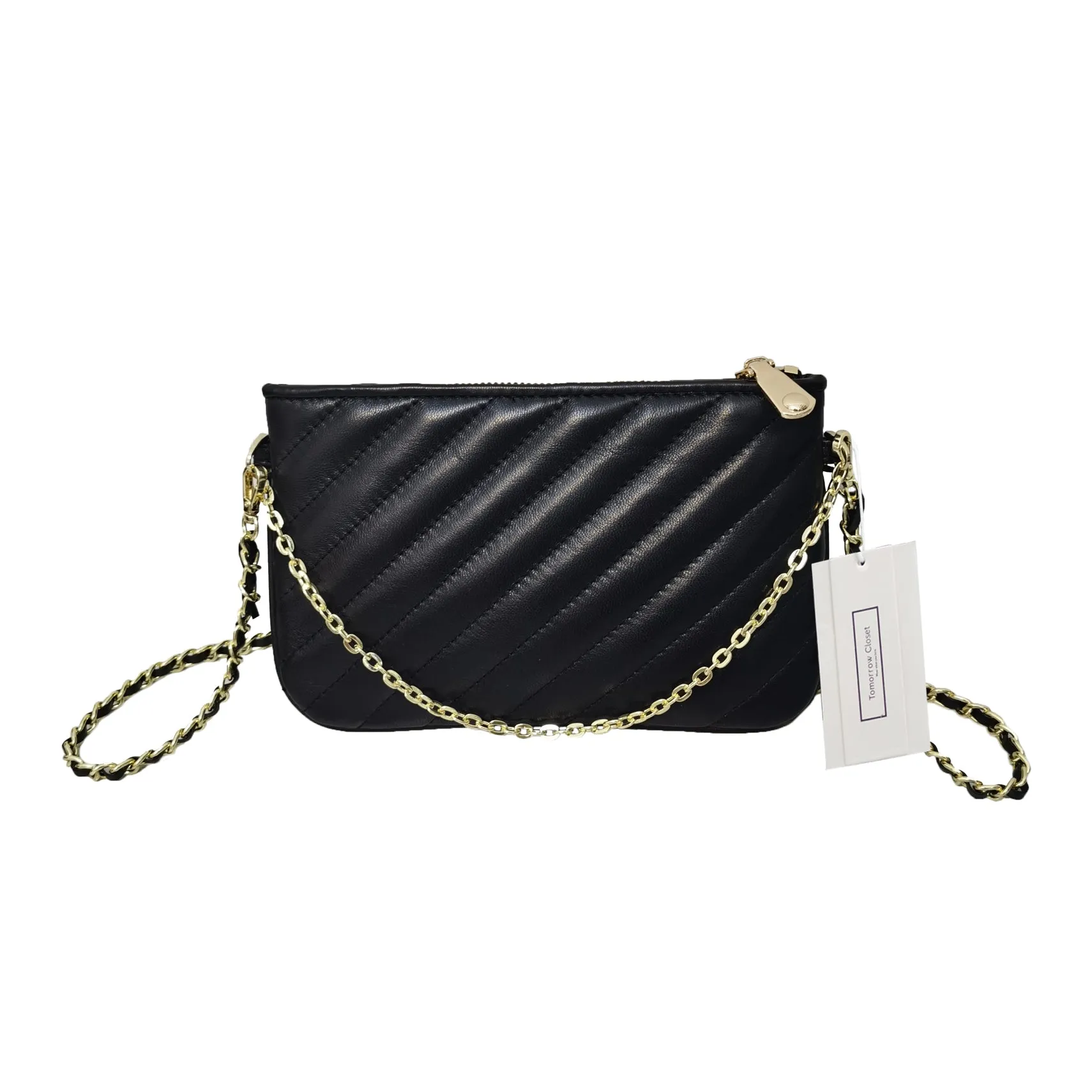 Women's lambskin falten design chain clutch wallet with removable strap